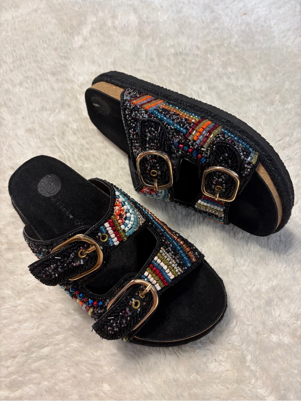 House of Harlow multicolor beaded black boho metal buckle slide sandals